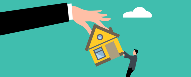 A large hand in a suit jacket holding a house above a man attempting to lift it below, set against a teal background with clouds, reminiscent of the expert guidance provided by a Real Estate Lawyer at Spring River Law.