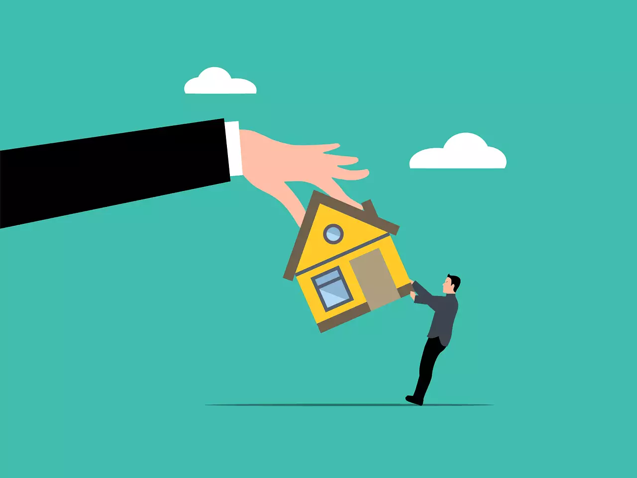 A large hand in a suit jacket holding a house above a man attempting to lift it below, set against a teal background with clouds, reminiscent of the expert guidance provided by a Real Estate Lawyer at Spring River Law.