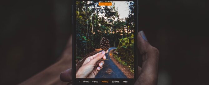 Person holding a pinecone in front of a smartphone camera, capturing an image. Forest and pathway visible in the background.