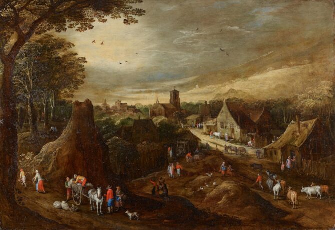 A 17th-century village scene painting features people engaging in daily activities, with animals, trees, and buildings in the background under a cloudy sky.